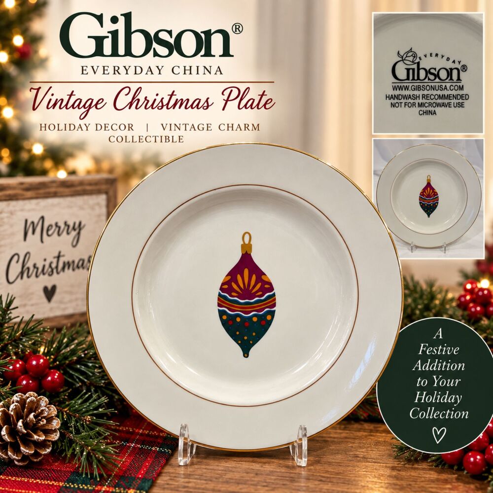 Vintage Gibson Christmas Ornament Plate Gold Trim Holiday Decor